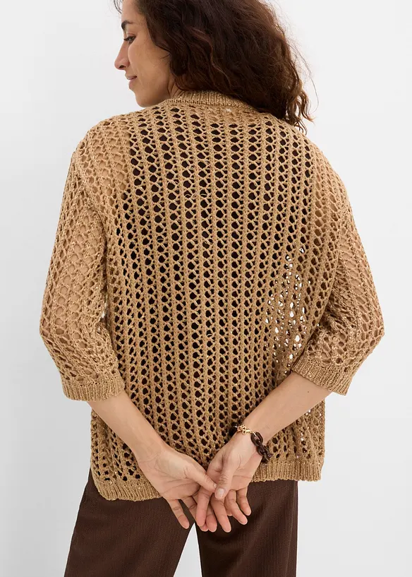 Ajour-Strickjacke mit Pailletten in beige von hinten (im Anschnitt) - bonprix