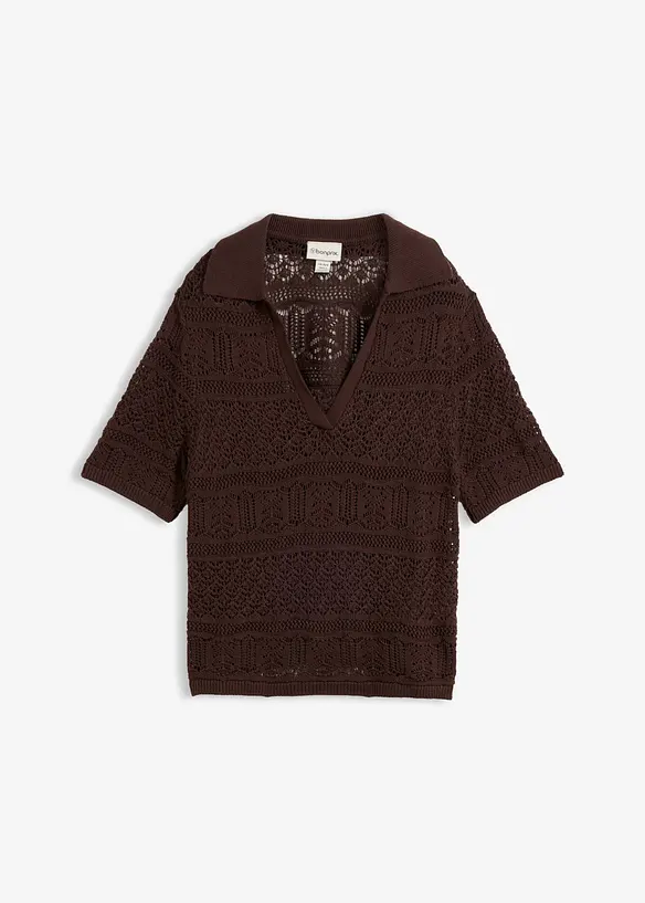 Ajour-Polo-Pullover mit Baumwollanteil in braun von vorne - bonprix
