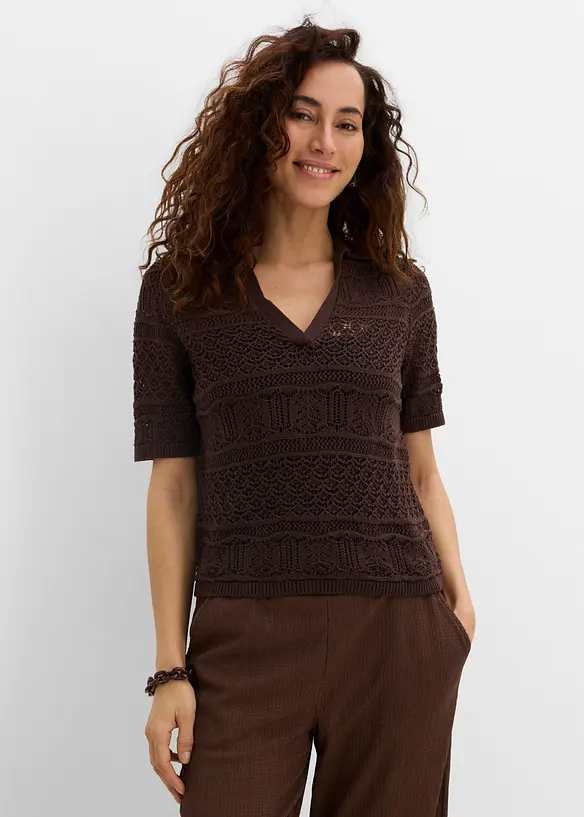 Ajour-Polo-Pullover mit Baumwollanteil in braun von vorne (im Anschnitt) - bonprix