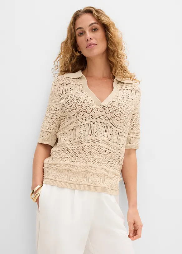 Ajour-Polo-Pullover mit Baumwollanteil in beige von vorne (im Anschnitt) - bonprix