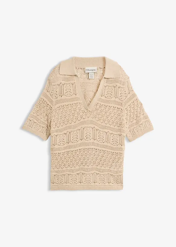 Ajour-Polo-Pullover mit Baumwollanteil in beige von vorne - bonprix