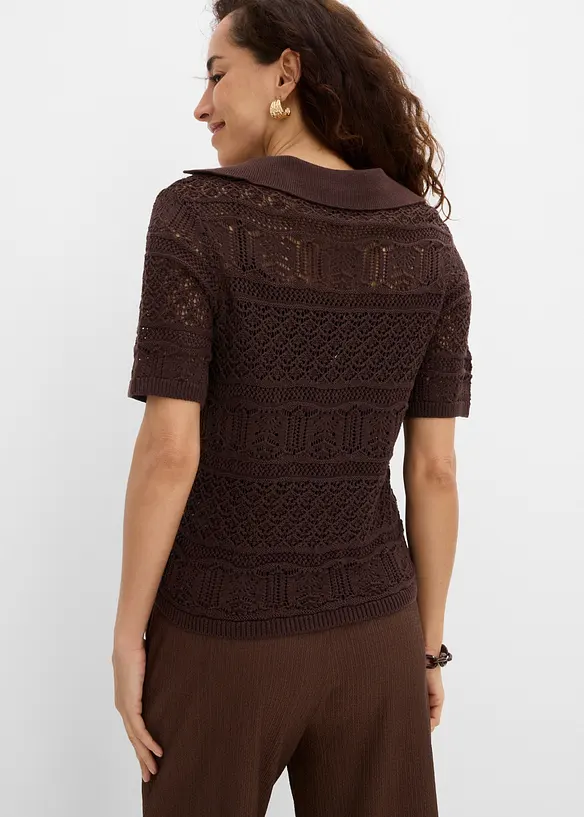 Ajour-Polo-Pullover mit Baumwollanteil in braun von hinten (im Anschnitt) - bonprix