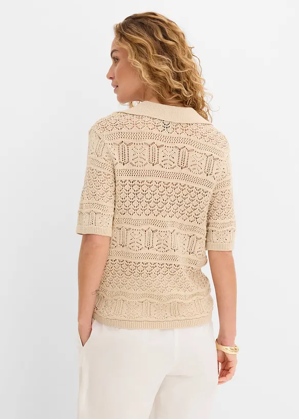 Ajour-Polo-Pullover mit Baumwollanteil in beige von hinten (im Anschnitt) - bonprix
