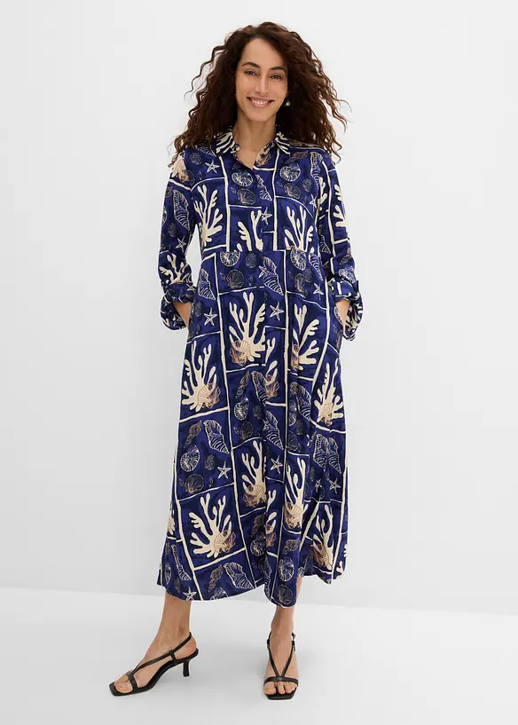 Hemdblusenkleid aus fließender Viskose in beige von vorne (Totalaufnahme) - bonprix