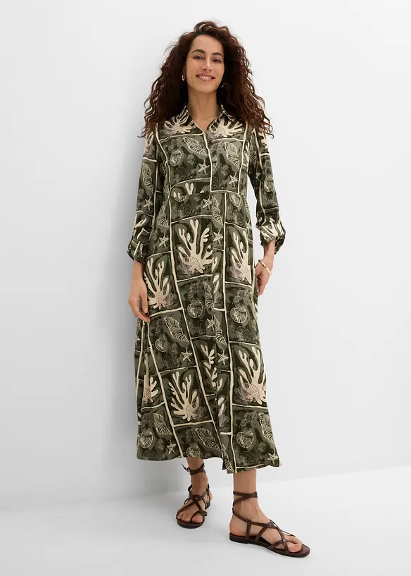 Hemdblusenkleid aus fließender Viskose in beige von vorne (Totalaufnahme) - bonprix