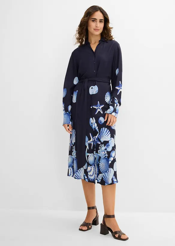 Hemdblusenkleid aus fließender Viskose in blau von vorne (Totalaufnahme) - bonprix Hemdblusenkleid aus fließender Viskose in blau von vorne (Totalaufnahme) - bonprix