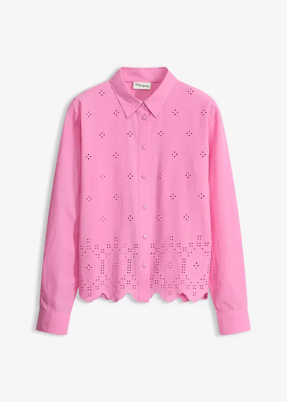 Lochstickerei-Bluse aus reiner Bio-Baumwolle in pink von vorne - bonprix