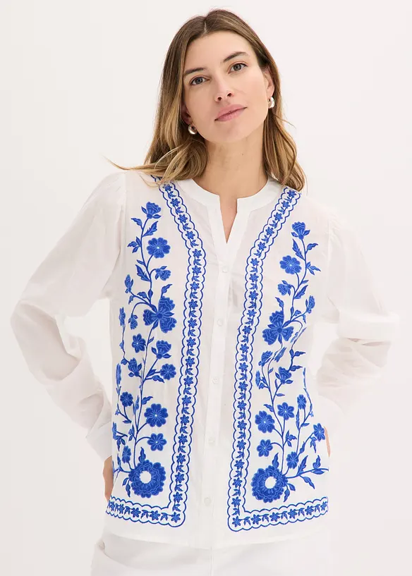 Bluse aus reiner Baumwolle mit Stickerei in weiß von vorne (im Anschnitt) - bonprix