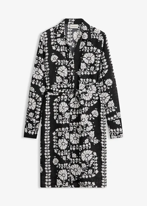 Hemdblusenkleid in Leinen-Optik in schwarz von vorne - bonprix