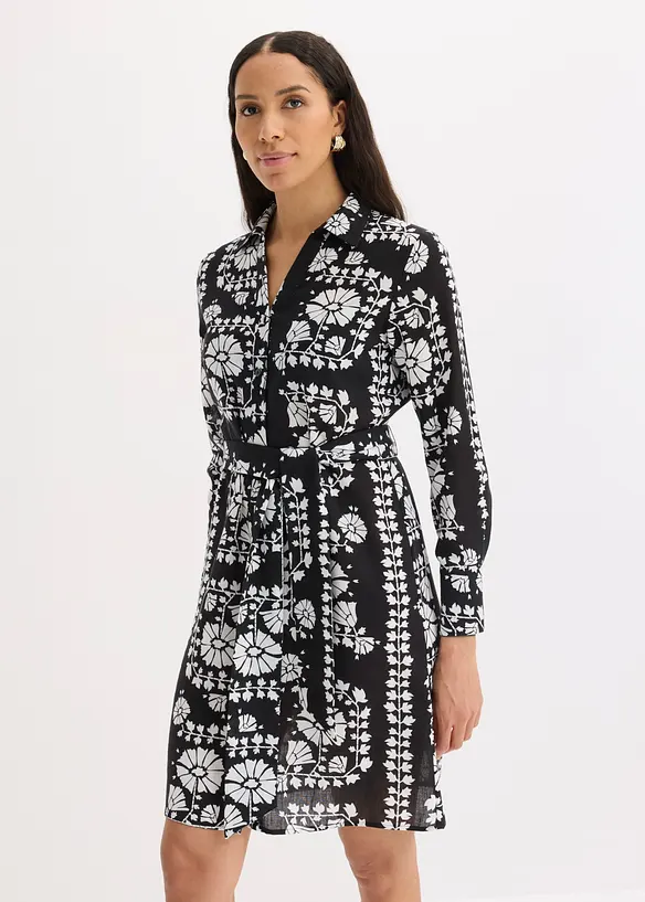 Hemdblusenkleid in Leinen-Optik in schwarz von vorne (Totalaufnahme) - bonprix