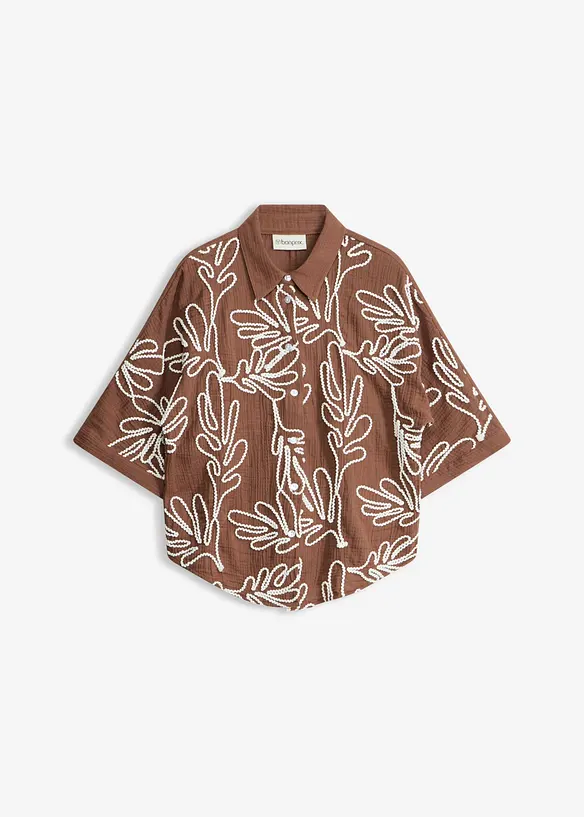 Bluse aus reiner Baumwolle mit Stickerei in braun von vorne - bonprix