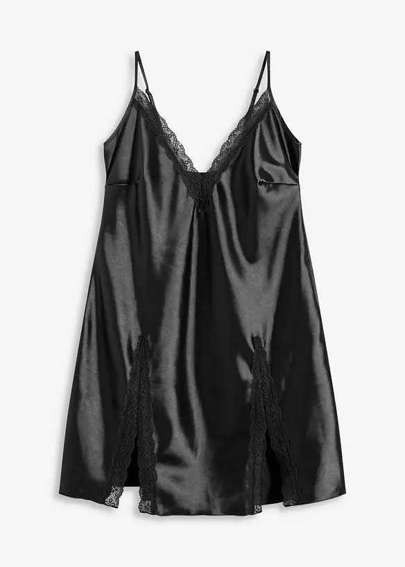 Satin Negligé in schwarz von vorne - bonprix