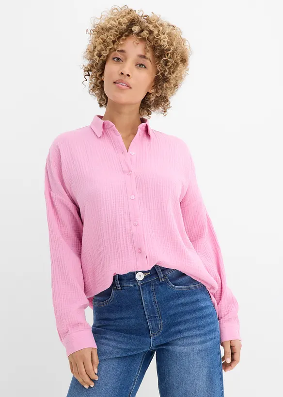 Weite Bluse in Used Optik in rosa von vorne (im Anschnitt) - bonprix