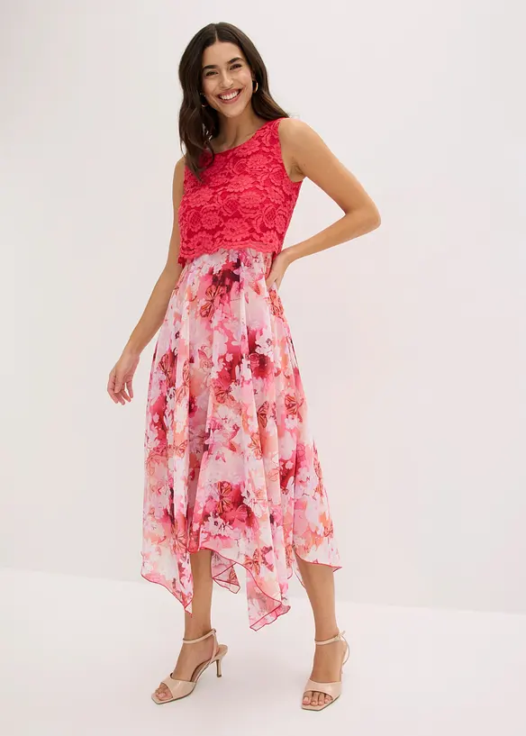 Chiffonkleid mit feiner Spitze in rosa von vorne (Totalaufnahme) - bonprix