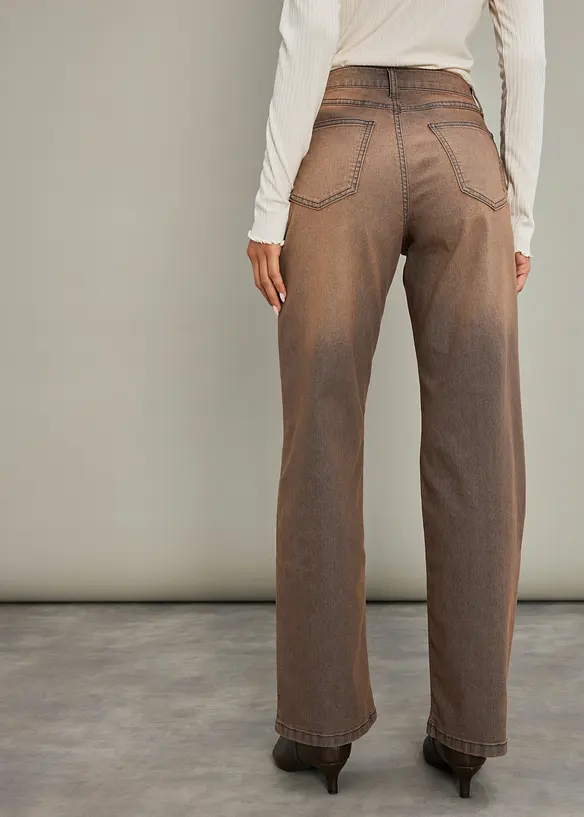 Wide-Leg-Jeans High Waist mit Vintage Waschung in braun von hinten - bonprix