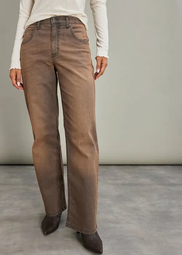 Wide-Leg-Jeans High Waist mit Vintage Waschung in braun von vorne - bonprix