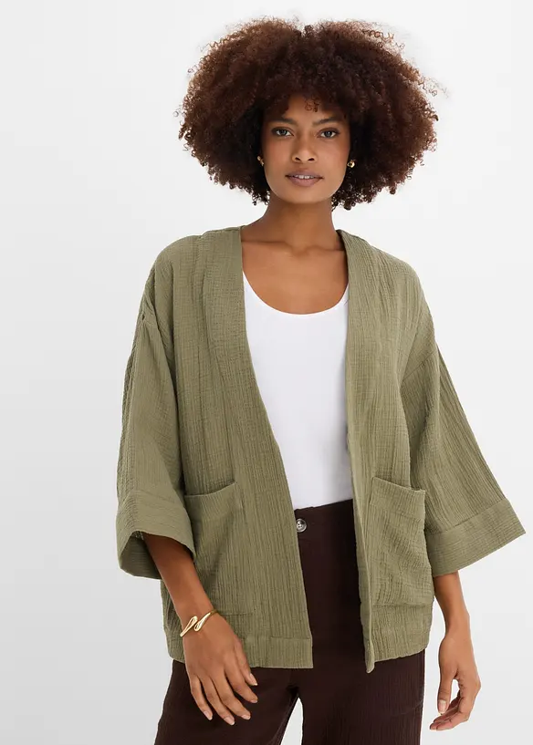 Kimono aus luftigem Musselin in grün von vorne (im Anschnitt) - bonprix