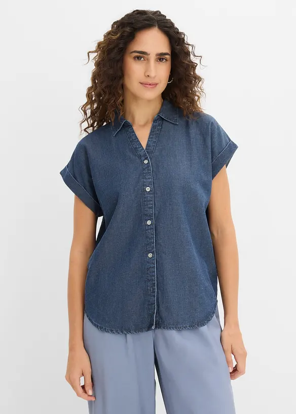 Jeans-Kurzarmbluse mit Leinen in blau von vorne (im Anschnitt) - bonprix Jeans-Kurzarmbluse mit Leinen in blau von vorne (im Anschnitt) - bonprix