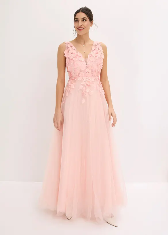 Maxikleid aus zartem Tüll mit Blumen-Applikation in rosa von vorne (Totalaufnahme) - bonprix Maxikleid aus zartem Tüll mit Blumen-Applikation in rosa von vorne (Totalaufnahme) - bonprix