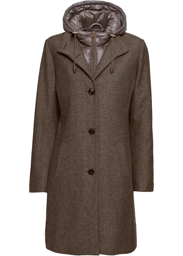 Winter-Kurzmantel in Wolloptik, 2in1 Optik in braun von vorne - bonprix