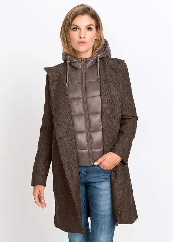 Winter-Kurzmantel in Wolloptik, 2in1 Optik in braun von vorne (Totalaufnahme) - bonprix
