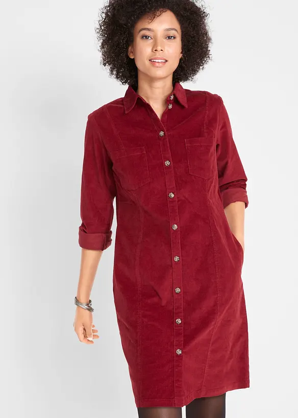 Cord-Hemdblusenkleid aus elastischem Baumwoll-Mix in rot von vorne (Totalaufnahme) - bonprix