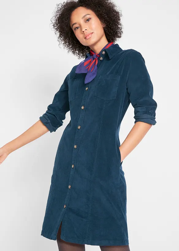 Cord-Hemdblusenkleid aus elastischem Baumwoll-Mix in blau von vorne (Totalaufnahme) - bonprix