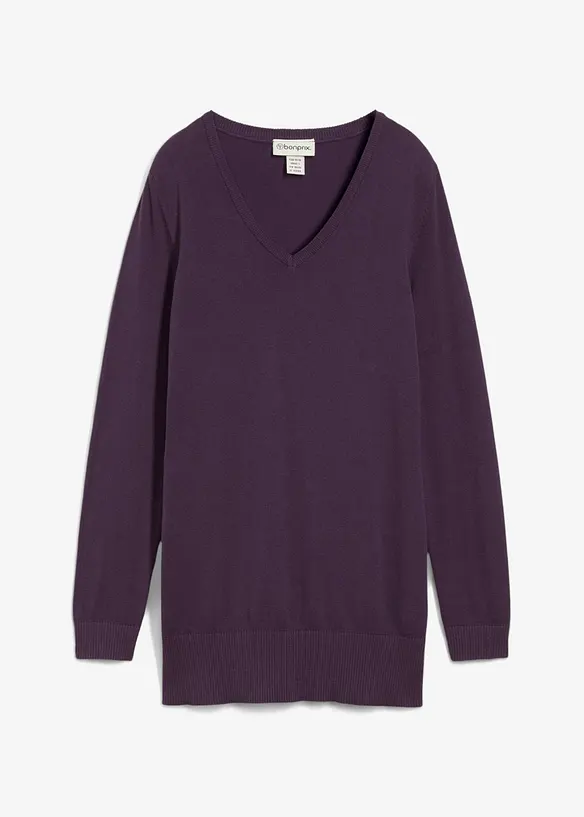 Feinstrick Longpullover mit V-Ausschnitt in lila von vorne - bonprix