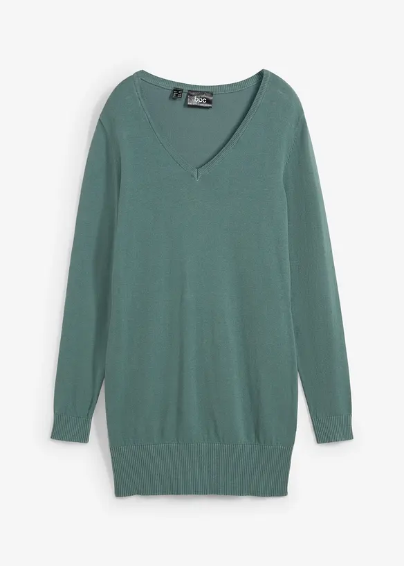 Feinstrick Longpullover mit V-Ausschnitt in grün von vorne - bonprix Feinstrick Longpullover mit V-Ausschnitt in grün von vorne - bonprix