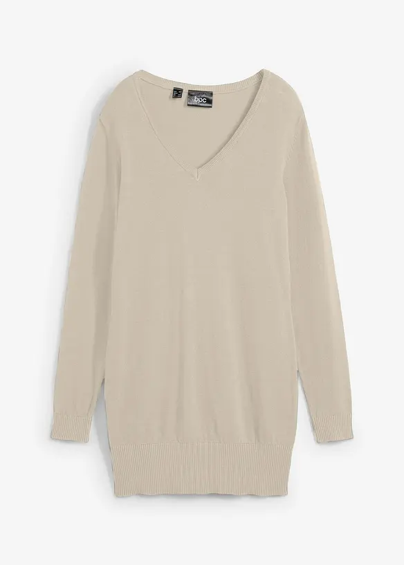 Feinstrick Longpullover mit V-Ausschnitt in beige von vorne - bonprix Feinstrick Longpullover mit V-Ausschnitt in beige von vorne - bonprix