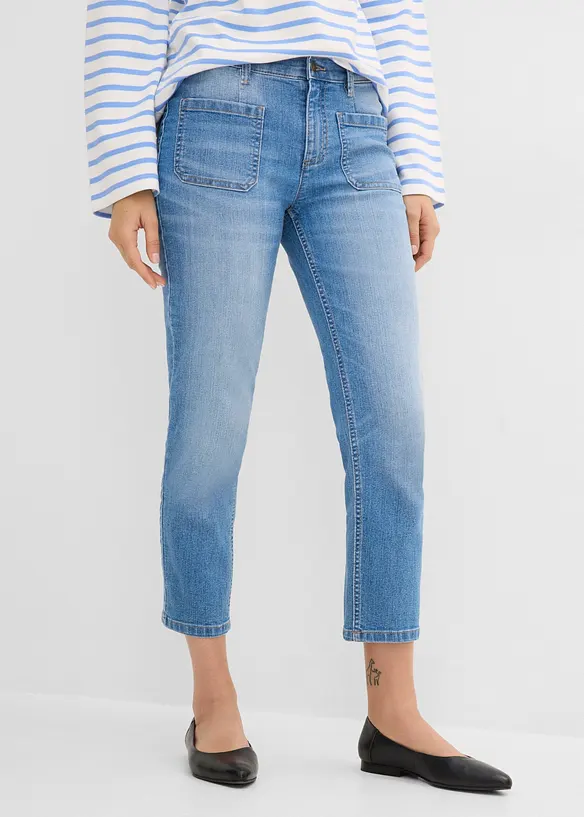 Slim-Fit-Jeans High Waist cropped in blau von vorne - bonprix