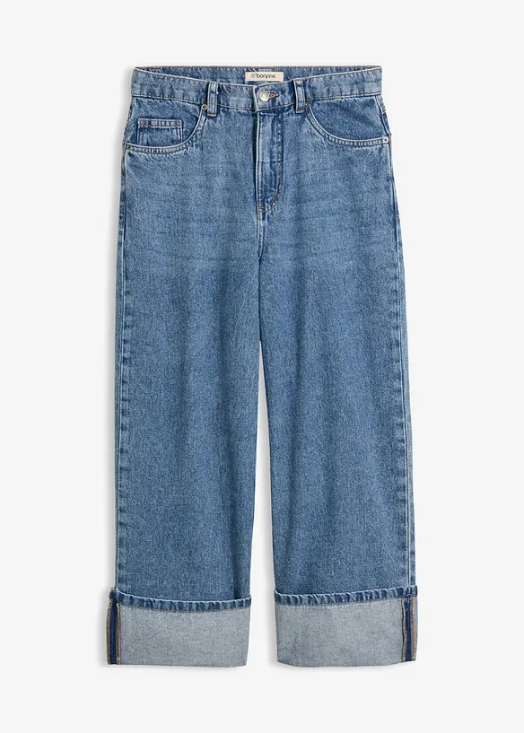 Wide-Leg-Jeans Mid Waist, cropped in blau von vorne - bonprix