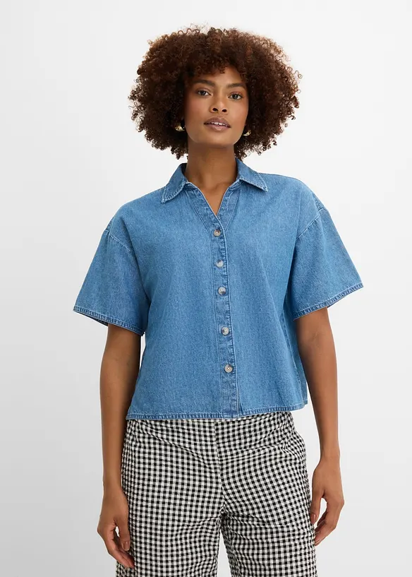Oversized Jeans-Tunikabluse aus Bio-Baumwolle in blau von vorne (im Anschnitt) - bonprix Oversized Jeans-Tunikabluse aus Bio-Baumwolle in blau von vorne (im Anschnitt) - bonprix