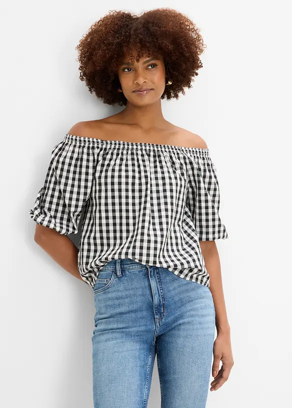 Carmenbluse aus reiner Baumwolle in schwarz von vorne (im Anschnitt) - bonprix Carmenbluse aus reiner Baumwolle in schwarz von vorne (im Anschnitt) - bonprix