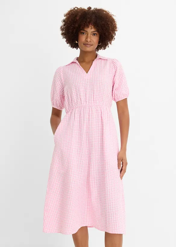 Seersucker-Midikleid aus reiner Baumwolle in rosa von vorne (Totalaufnahme) - bonprix Seersucker-Midikleid aus reiner Baumwolle in rosa von vorne (Totalaufnahme) - bonprix