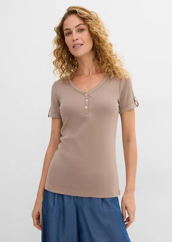 Henleyshirt aus reiner Bio-Baumwolle in braun von vorne (im Anschnitt) - bonprix