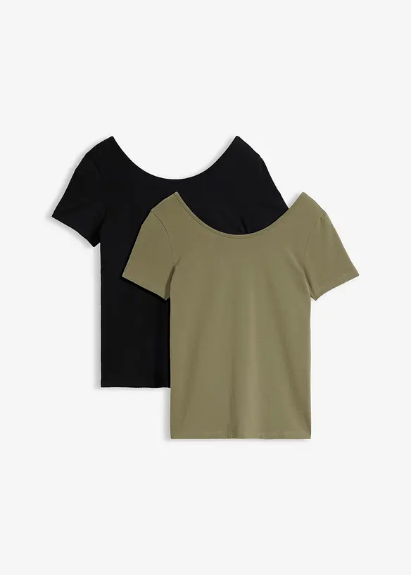 T-Shirt mit tiefem Rückenausschnitt (2er Pack) in schwarz von vorne - bonprix