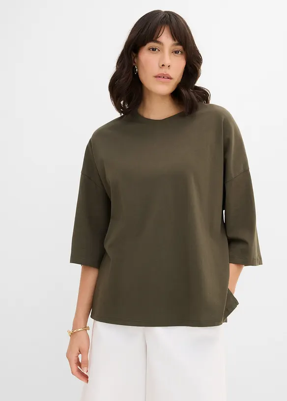 Oversize-Shirt aus elastischem Bio-Baumwoll-Mix in grün von vorne (im Anschnitt) - bonprix