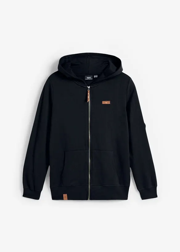 Kapuzen-Sweatjacke aus reiner Baumwolle in schwarz von vorne - bonprix