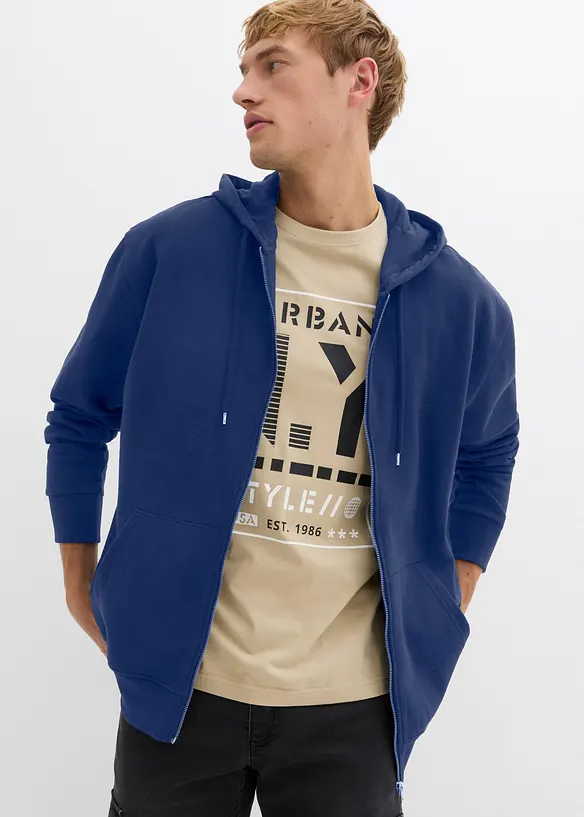 Kapuzen-Sweatjacke in Loose Fit in blau von vorne (im Anschnitt) - bonprix