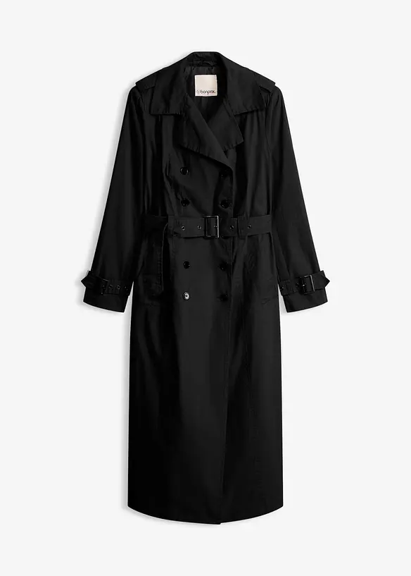 Long-Trenchcoat mit Taillengürtel in schwarz von vorne - bonprix