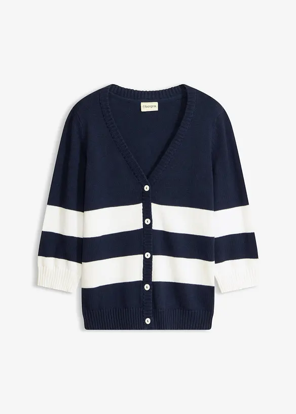 Baumwollstrickjacke mit Streifen in blau von vorne - bonprix
