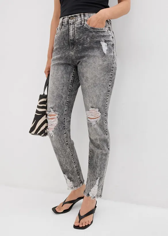 Mom-Jeans High Waist mit Destroy-Effekten in grau von vorne - bonprix