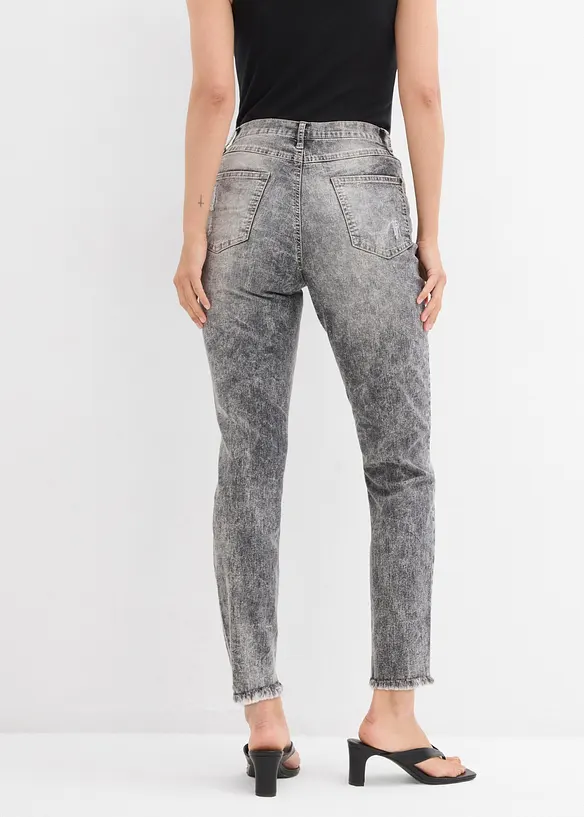 Mom-Jeans High Waist mit Destroy-Effekten in grau von hinten - bonprix