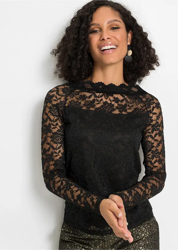 Langarmshirt mit Spitze in schwarz von vorne (im Anschnitt) - bonprix Langarmshirt mit Spitze in schwarz von vorne (im Anschnitt) - bonprix