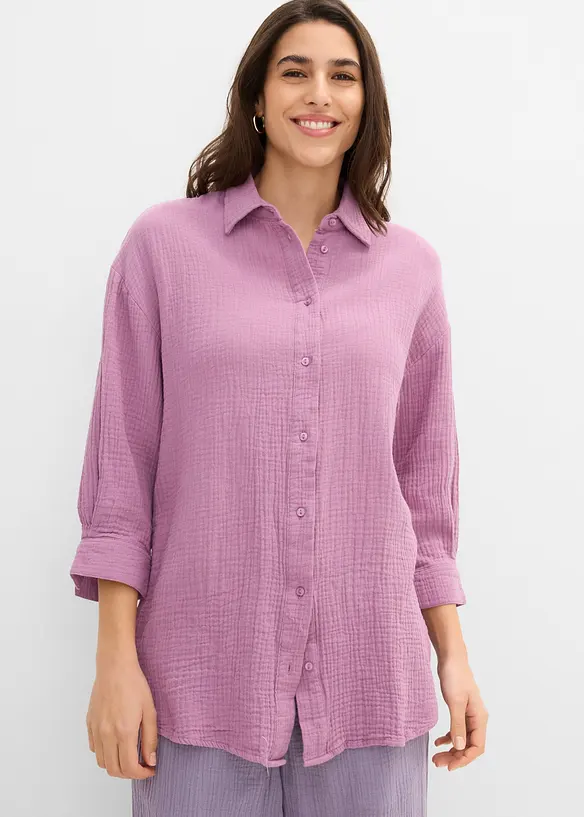 Musselin-Hemdbluse aus reiner Baumwolle in lila von vorne (im Anschnitt) - bonprix