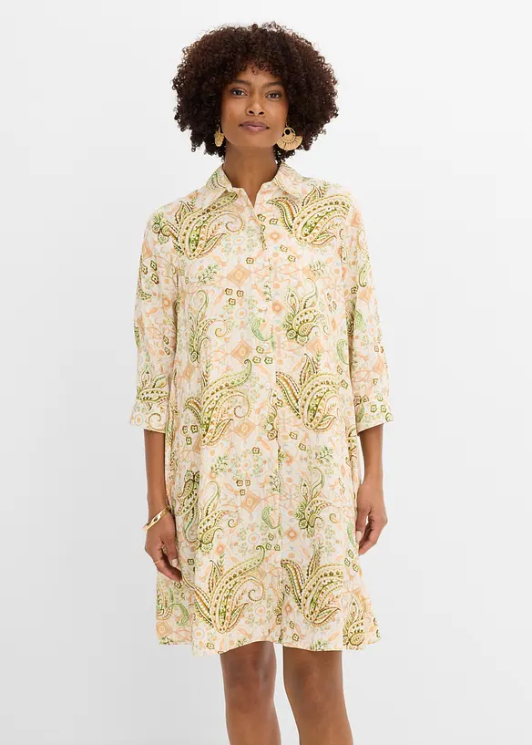 Hemdblusenkleid aus fließender Viskose in beige von vorne (Totalaufnahme) - bonprix Hemdblusenkleid aus fließender Viskose in beige von vorne (Totalaufnahme) - bonprix