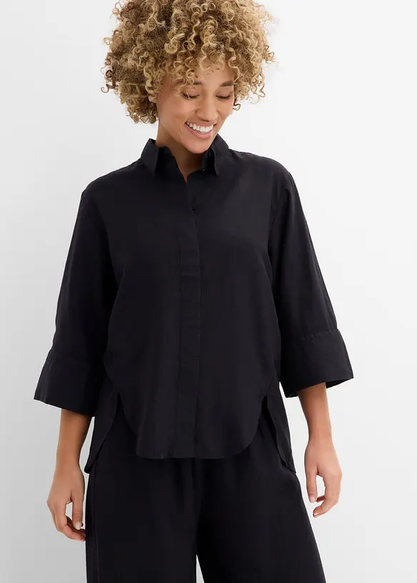 Hemdbluse aus kühlendem Leinen-Mix in schwarz von vorne (im Anschnitt) - bonprix