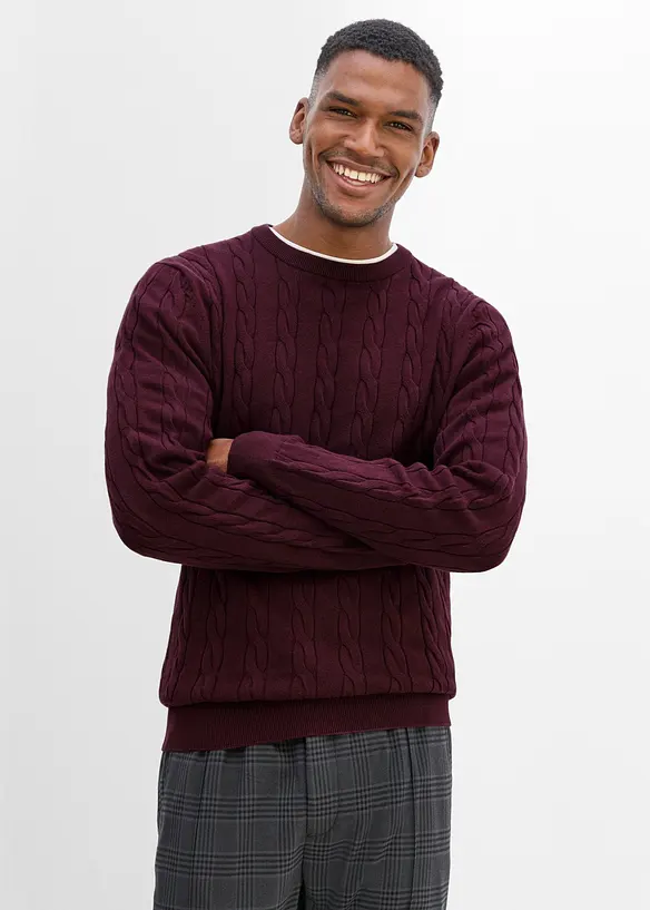 Feinstrickpullover mit Zopfmuster, Slim Fit in rot von vorne (im Anschnitt) - bonprix