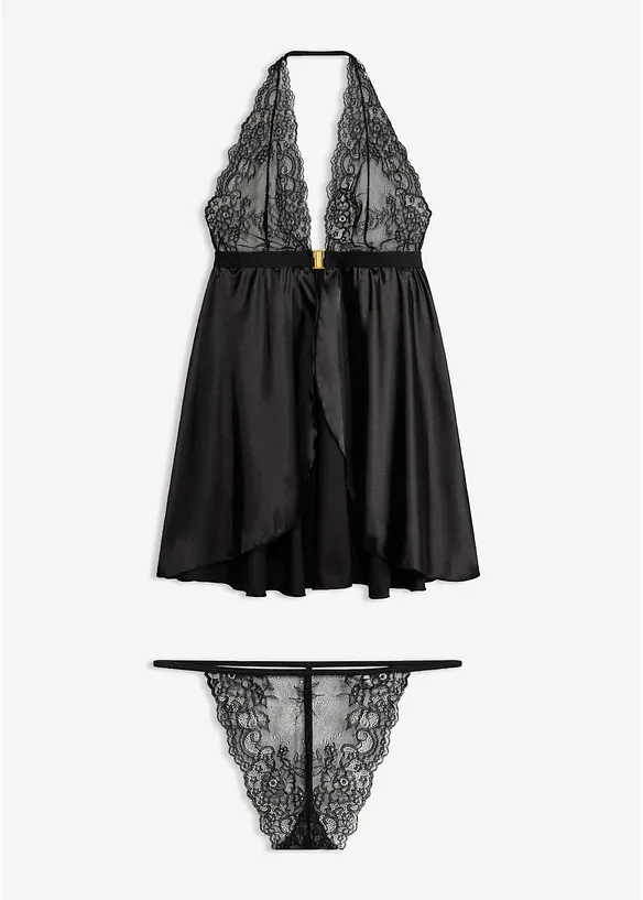 Babydoll + String (2-tlg.Set) in schwarz von vorne - bonprix